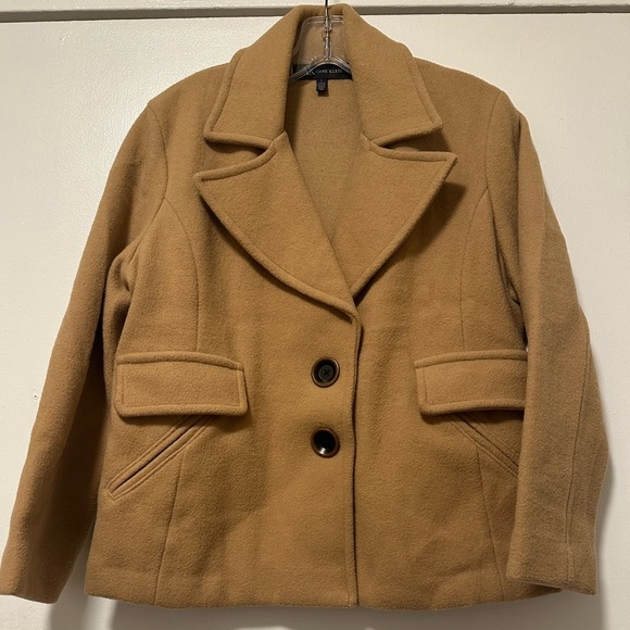 Anne Klein Tan Wool-Blend Pea Coat with Notched Lapels - Picture 1 of 10